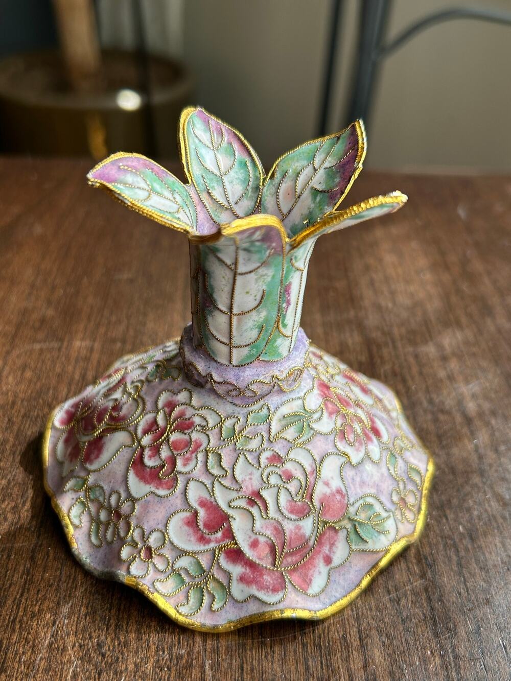 Vintage Cloisonne asian style floral candlestick holder